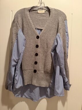 Cherry Paris Gray Mixed Media shirt sweater with Blue Stripe Shirt Detail